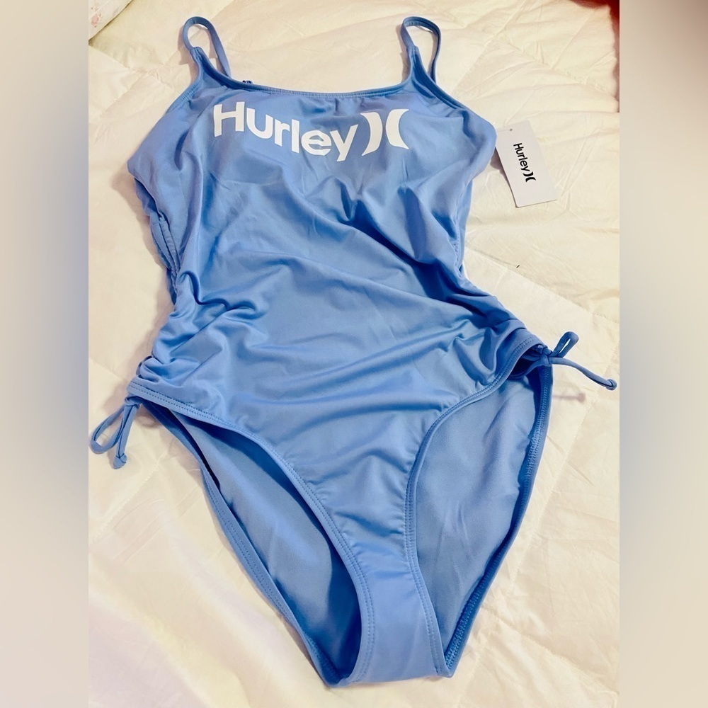 Hurley Logo Cinch Sided adjustable One Piece Swim Suit. Light Blue
